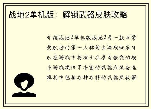 战地2单机版：解锁武器皮肤攻略