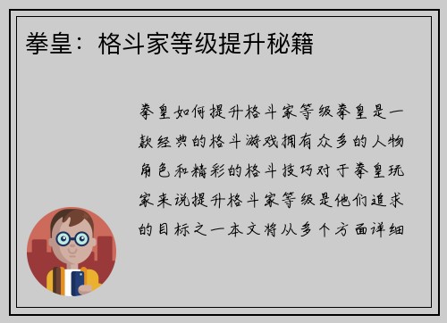 拳皇：格斗家等级提升秘籍